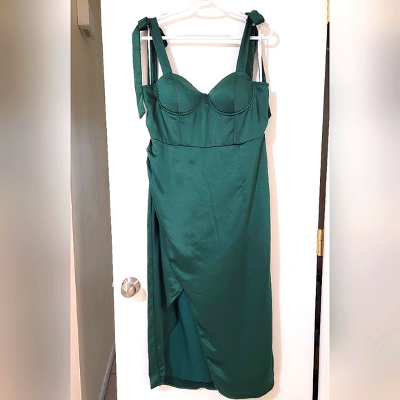 Lulus Graceful Sophistication Satin Midi Dress w/Tulip Skirt & Shoulder Ties - Picture 6 of 6